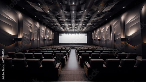 Empty movie theatre interior with screen and seats. Generative AI