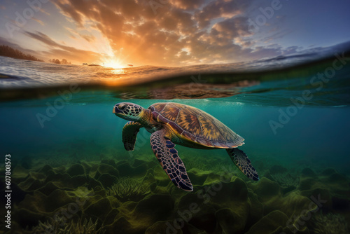 Turtle swimming in tropic waters - created with generativ AI technology