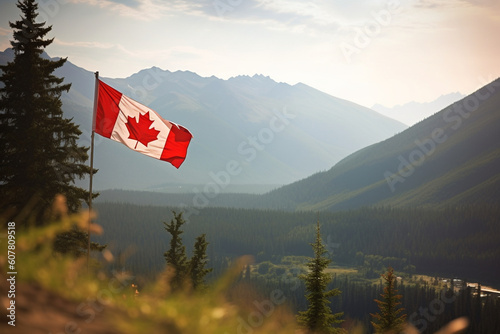 A stunning view of a Canadian mountain range with a large Canadian flag in the foreground, bokeh, Canada Day Generative AI