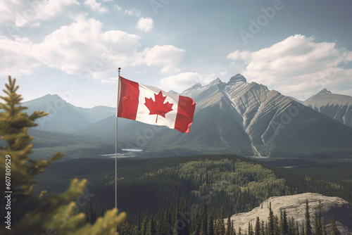 A stunning view of a Canadian mountain range with a large Canadian flag in the foreground, bokeh, Canada Day Generative AI