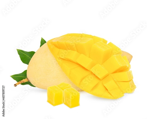 Mango fruits with slices and leaves isolated on white background.