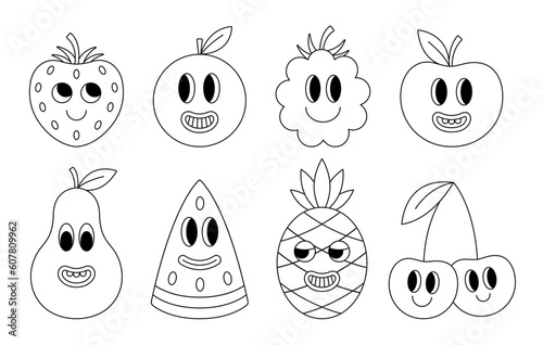 Collection of funny groovy fruits in line style. Simple outline cartoon character faces. Vector illustration