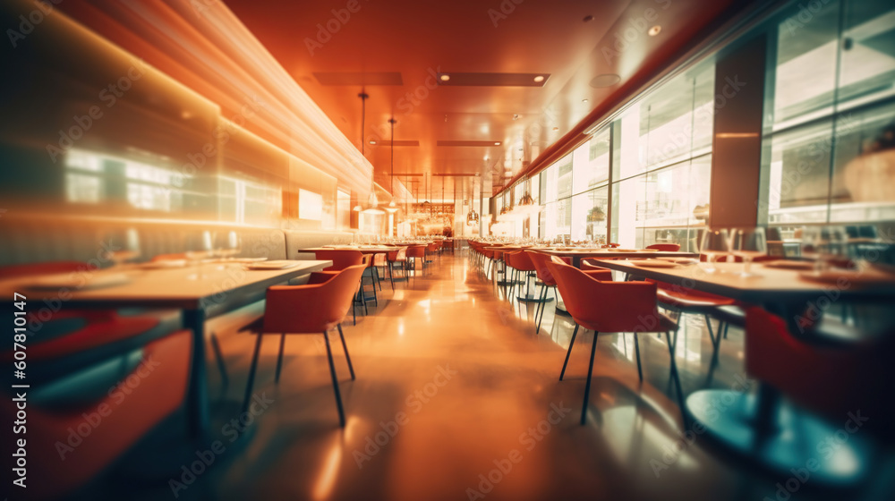 Cozy interior of restaurant, copy space. Comfortable modern dining place, contemporary design background. Generative Ai