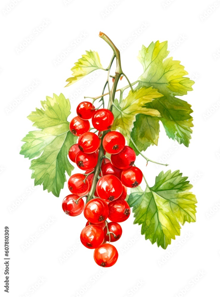 Bunch of redcurrant berries isolated on white background in watercolor style. Generative AI. Bunch of redcurrant berries isolated on white background in watercolor style. Generative AI.