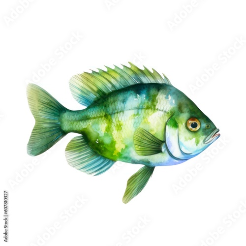 Green fish isolated on white background in watercolor style. Generative AI.