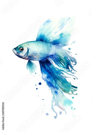Blue fish on white background in watercolor style. Generative AI. © Hanna