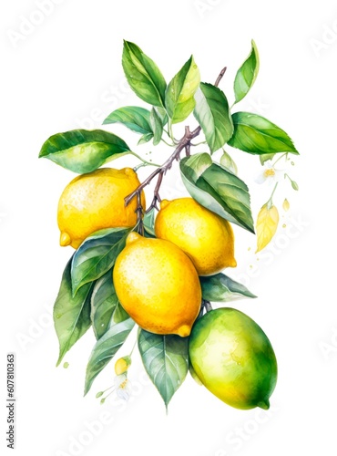 Branch of lemons on white background in watercolor style. Generative AI. © Hanna