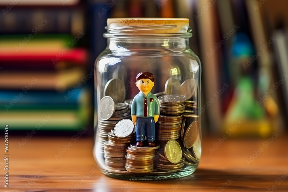 Smart Education Savings: Glass Jar Filled with Coins for Future Expenses Smart Education Savings: Glass Jar Filled with Coins for Future Expenses