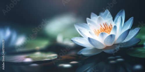 Withe waterlily or lotus flower in the pond on dark background. Generative AI