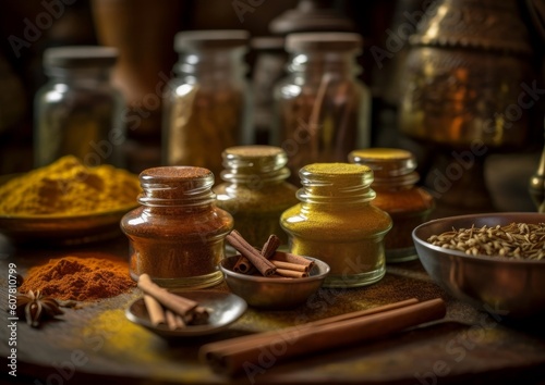five-spice powder in a rustic setting, with traditional apothecary jars and hand-carved wooden spoons