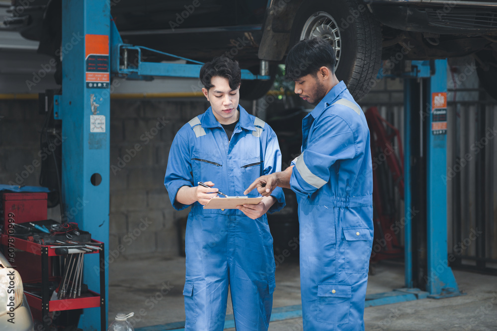 Two professional car mechanics looking at car inspection papers together, all types of car specialists, expert car repairs and certified auto repair centers.