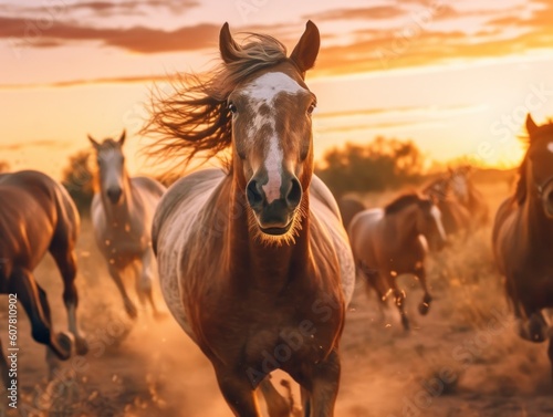 horses running in the wild in the prairies during sunset or sunrise, generative ai