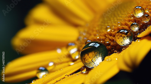 Dew drop on yellow flower extreme macro photography. Generative Ai