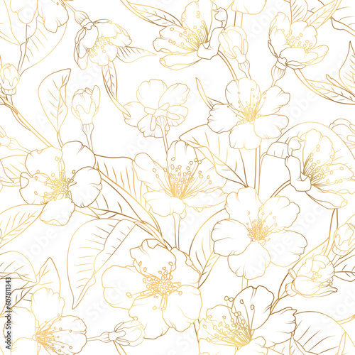 Gold cherry blossom seamless pattern. Natural texture with blossom sakura tree branches. Golden japanese line art flowers on white background.