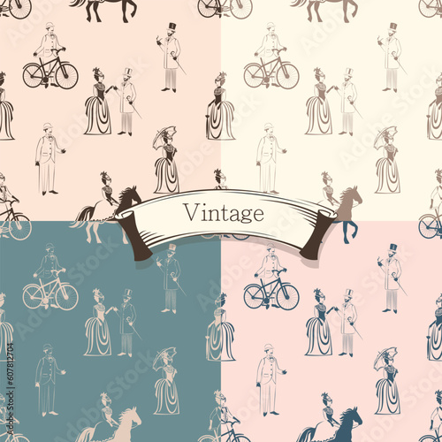 Silhouette of a beautiful and elegant girl and man in retro clothes. 19th century fashion seamless pattern for paper, fabric or gift wrapping.