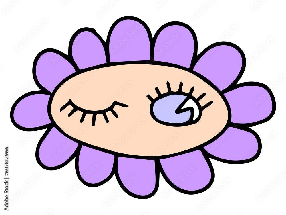 Obraz premium Flower in trendy retro cartoon groovy style. Symbols, chamomile flowers, rainbow, hippie stickers. Vector illustration.