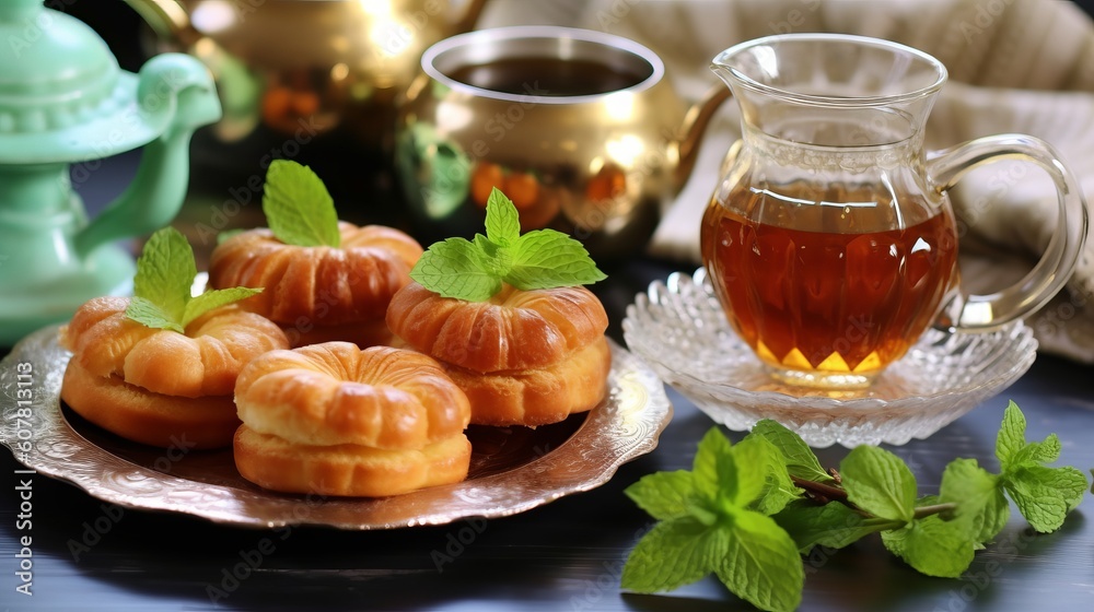 Oriental Pastries and Mint Green Tea Delight. Generative AI. Oriental Pastries and Mint Green Tea Delight. Generative AI.