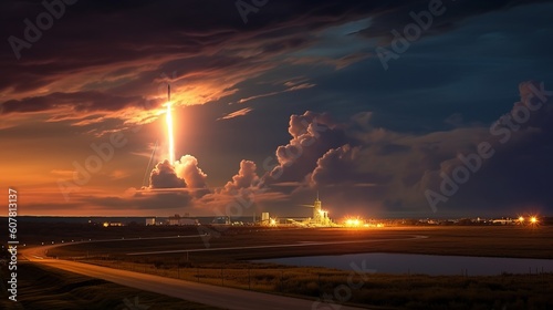 Earth's Spaceport: Stunning Night View of Shuttle Launch from Earth. Generative AI.	 photo