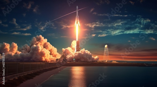 Earth's Spaceport: Stunning Night View of Shuttle Launch from Earth. Generative AI. 