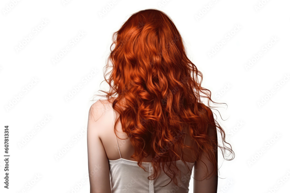 Fototapeta premium Long Auburn Curly Hair , Rear View On White Background. Generative AI