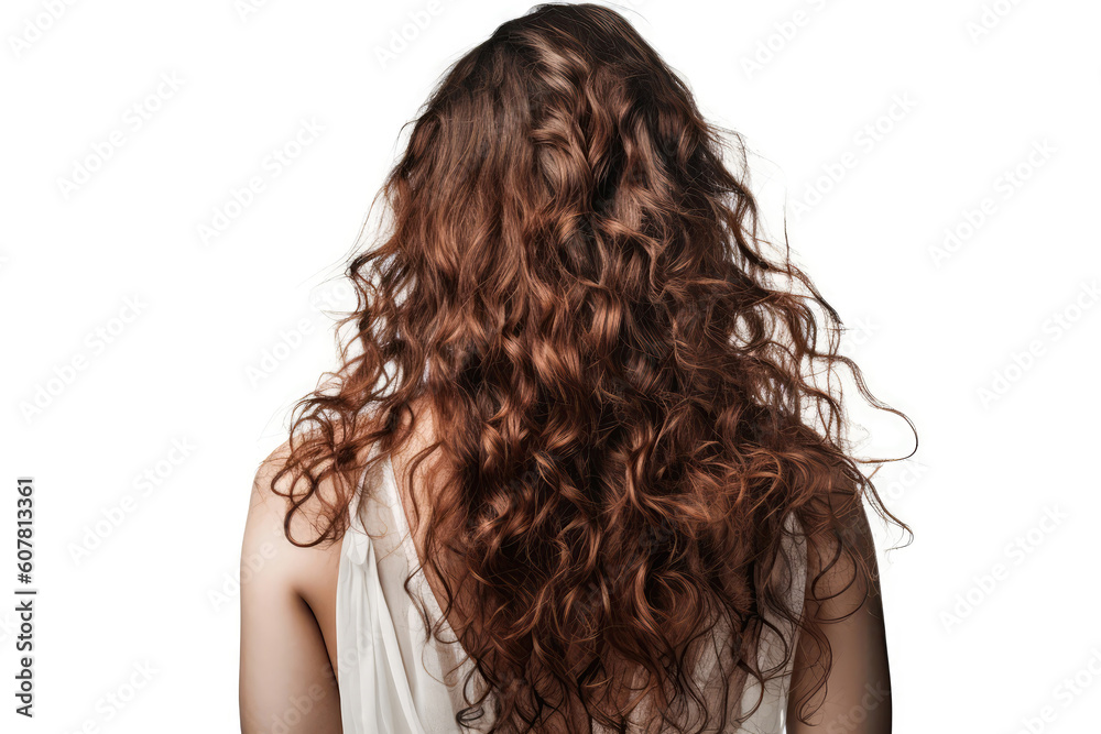 Naklejka premium Long Brunette Curly Hair , Rear View On White Background. Generative AI