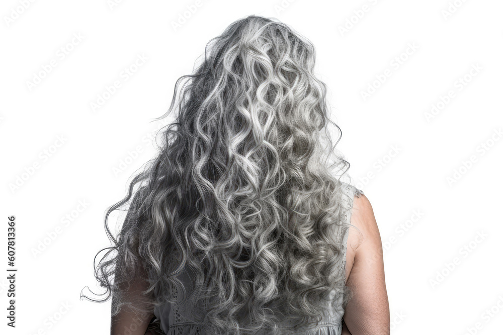Long Gray Curly Hair , Rear View On White Background. Generative AI Long Gray Curly Hair , Rear View On White Background. Generative AI