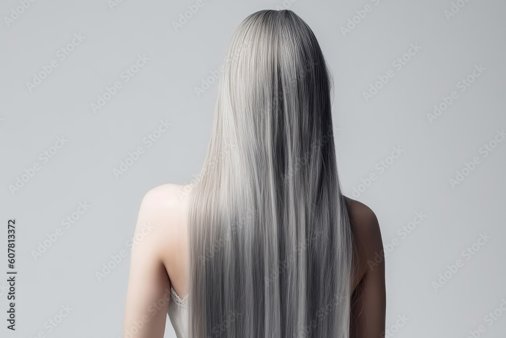 Fototapeta premium Long Gray Straight Hair , Rear View On White Background. Generative AI