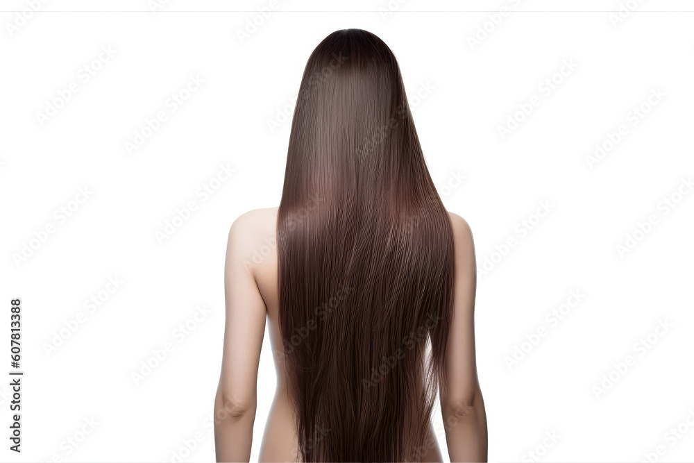 Naklejka premium Long Brunette Straight Hair , Rear View On White Background. Generative AI