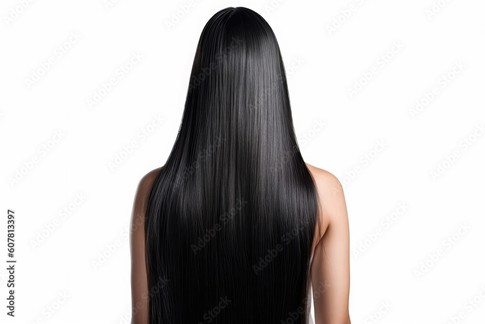 Long Black Straight Hair , Rear View On White Background. Generative AI Long Black Straight Hair , Rear View On White Background. Generative AI