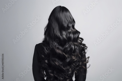 Long Black Curly Hair , Rear View On White Background. Generative AI