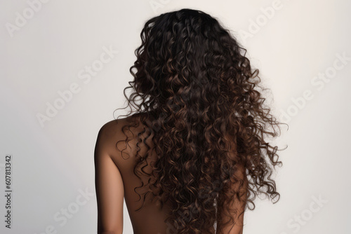 Long Brunette Afro Curls , Rear View On White Background. Generative AI photo