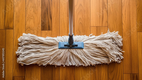 Wiping dirty wooden floor by wet wiper mop, housework. Man cleaning the house. Top view. Generative Ai