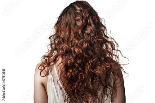Long Brunette Curly Hair , Rear View On White Background. Generative AI