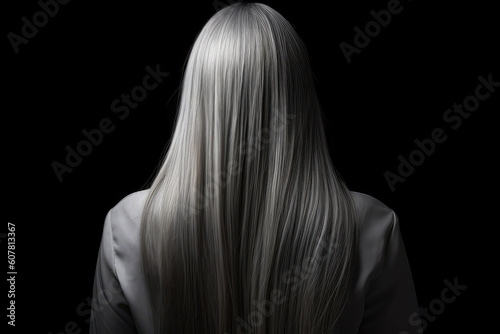 Long Gray Straight Hair , Rear View On Black Background. Generative AI