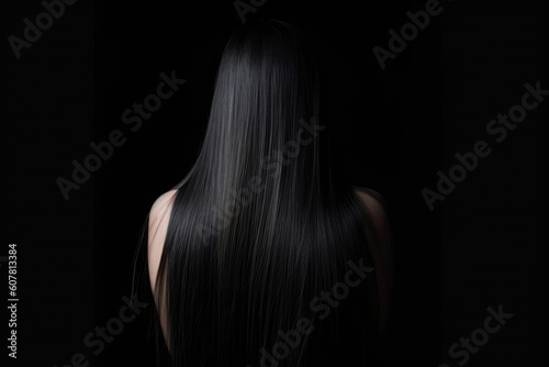 Long Black Straight Hair , Rear View On Black Background. Generative AI