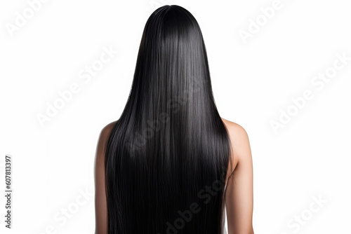 Long Black Straight Hair , Rear View On White Background. Generative AI