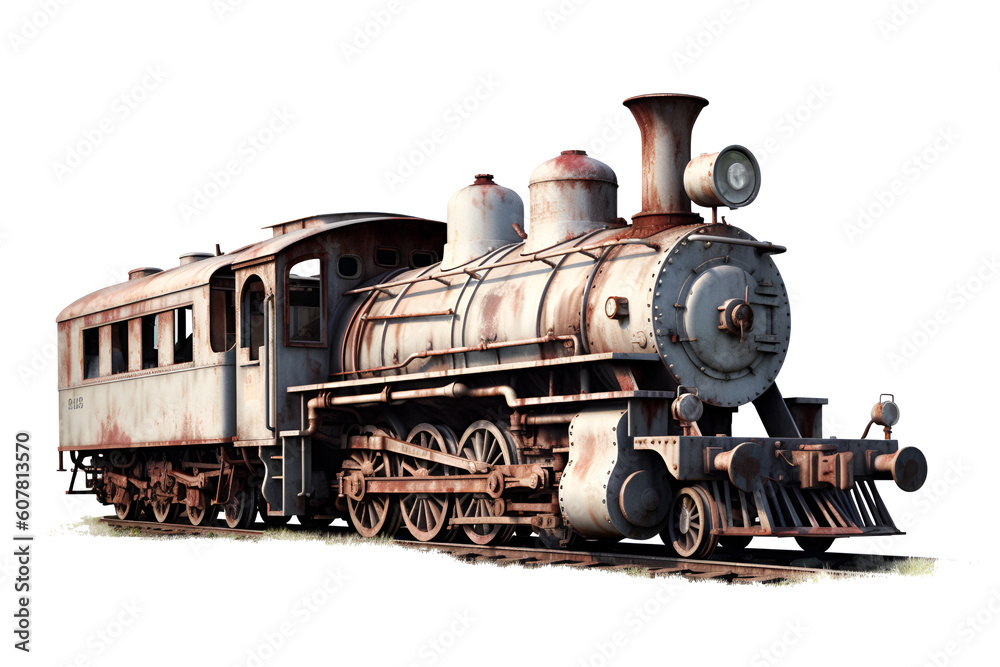 Old steam locomotive, old rusty abandoned train head isolated. Generative AI. Old steam locomotive, old rusty abandoned train head isolated. Generative AI.