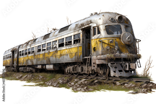 Old locomotive, rusty abandoned train head isolated. Generative AI.