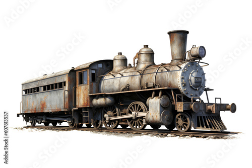 Old steam locomotive, old rusty abandoned train head isolated. Generative AI.