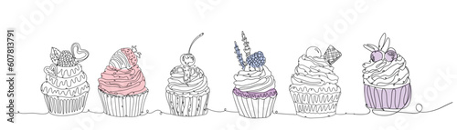 Set of drawn delicious cupcakes on white background