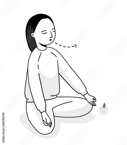 Isolated of a girl meditating and breathing exercise, outline vector illustration.	