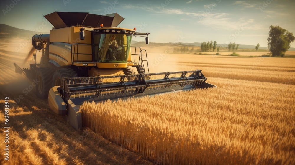 Naklejka premium Harvester working in a wheat field. Generative AI