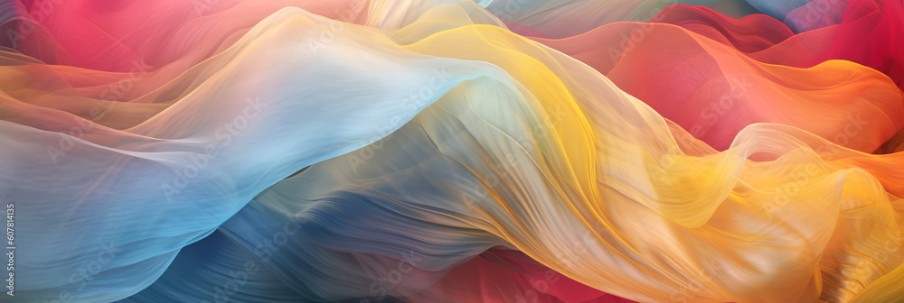 Abstract shapes of billowing flowing rainbow colors gauze fabric