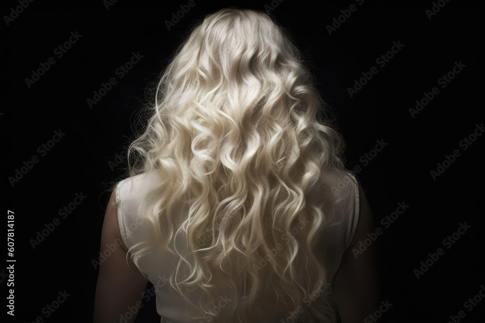 Fototapeta premium Long White Curly Hair , Rear View On Black Background. Generative AI