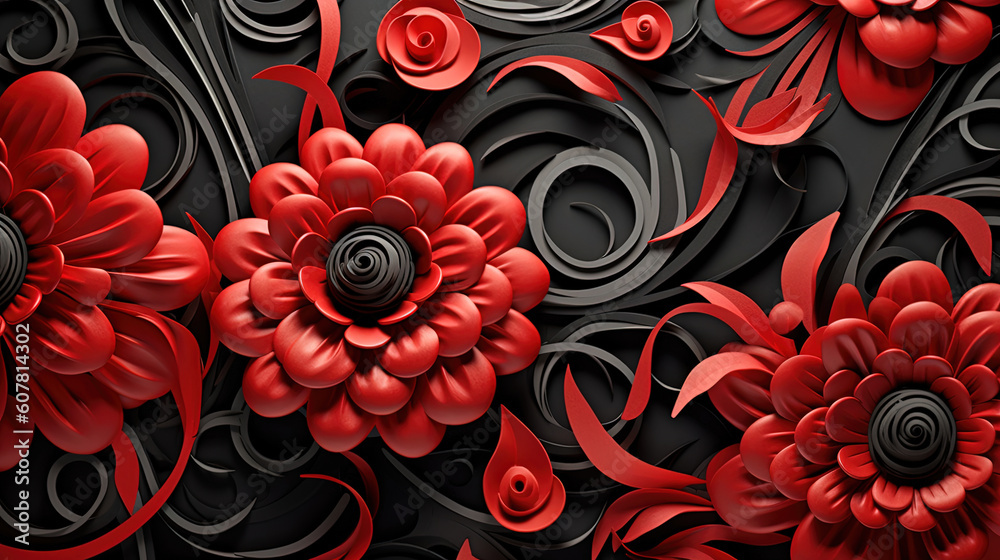 Flowers black and red colour. Set in a pattern of cut paper Flowers black and red colour. Set in a pattern of cut paper