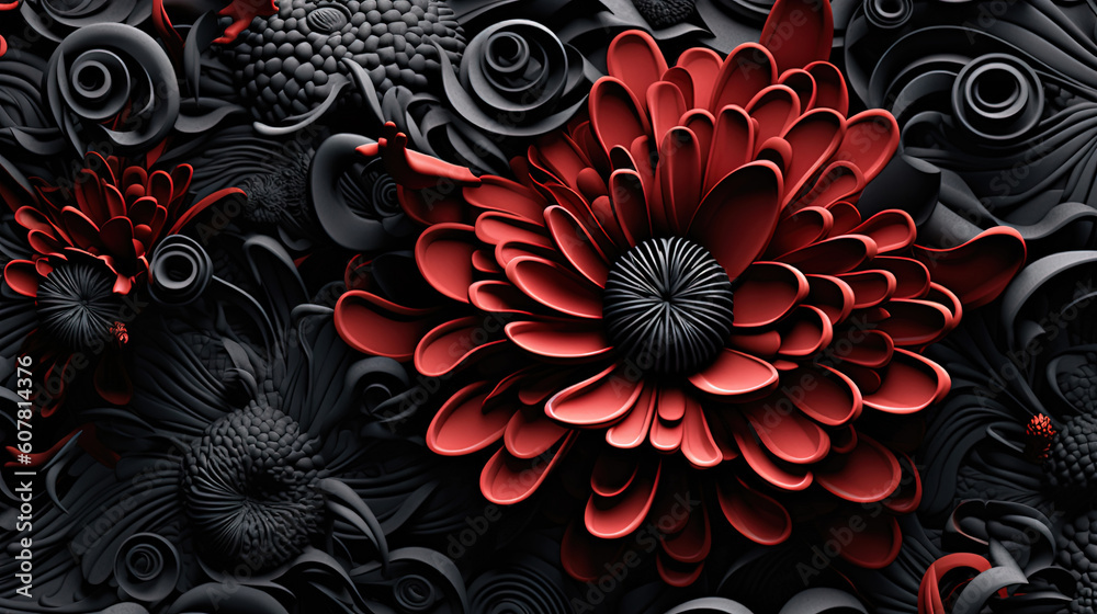 Flowers black and red colour. Set in a pattern of cut paper Flowers black and red colour. Set in a pattern of cut paper