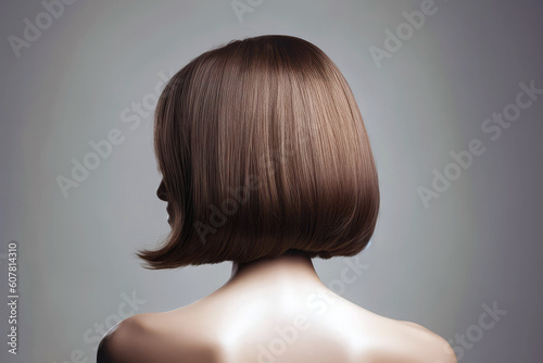 Short Brunette Straight Hair , Rear View On Gray Background. Generative AI