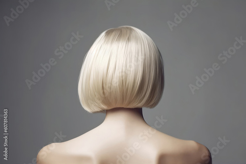 Short Blonde Straight Hair , Rear View On Gray Background. Generative AI