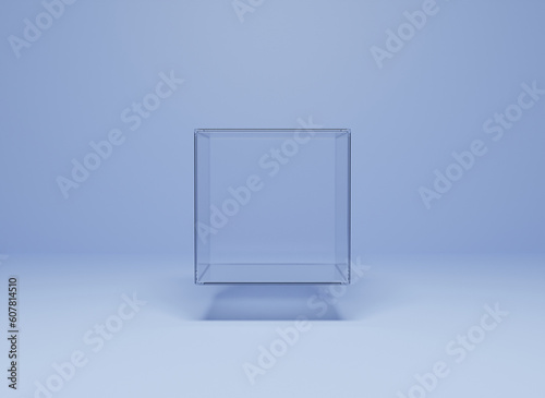 acrylic box abstract. Glass box on podium. Spotlights. 3d Rendering