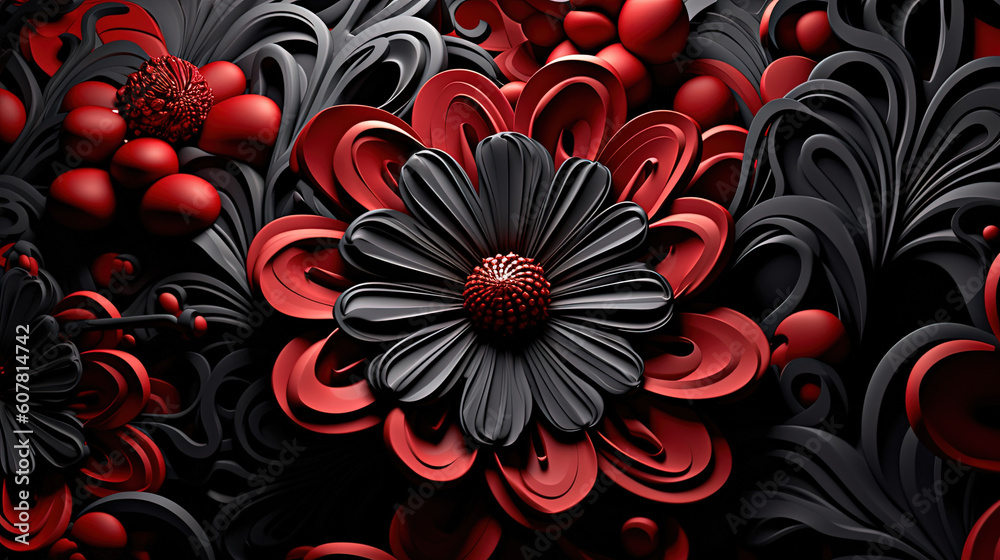 Flowers black and red colour. Set in a pattern of cut paper Flowers black and red colour. Set in a pattern of cut paper